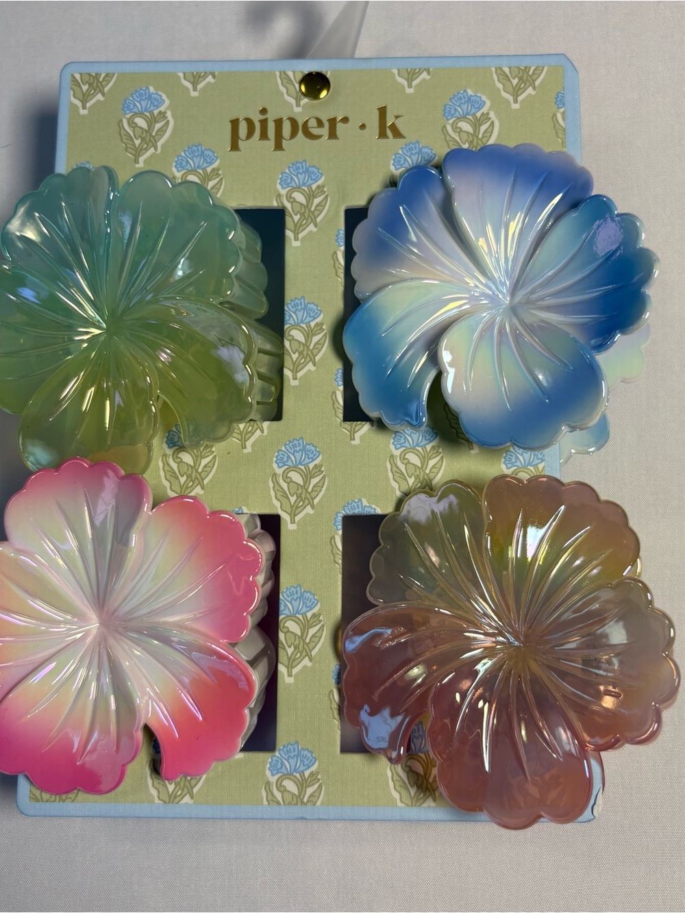 piper·k Iridescent Floral Hair Clip Set - Pink, Blue, Green, Brown